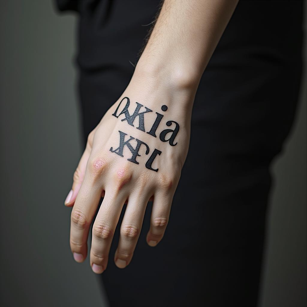 Mariaminimalist text-based tattoo, Monospace font ultra-realistic, perfectly placed, high-quality font design, photo-realistic shading, 8k, high quality, finely detailed typograph