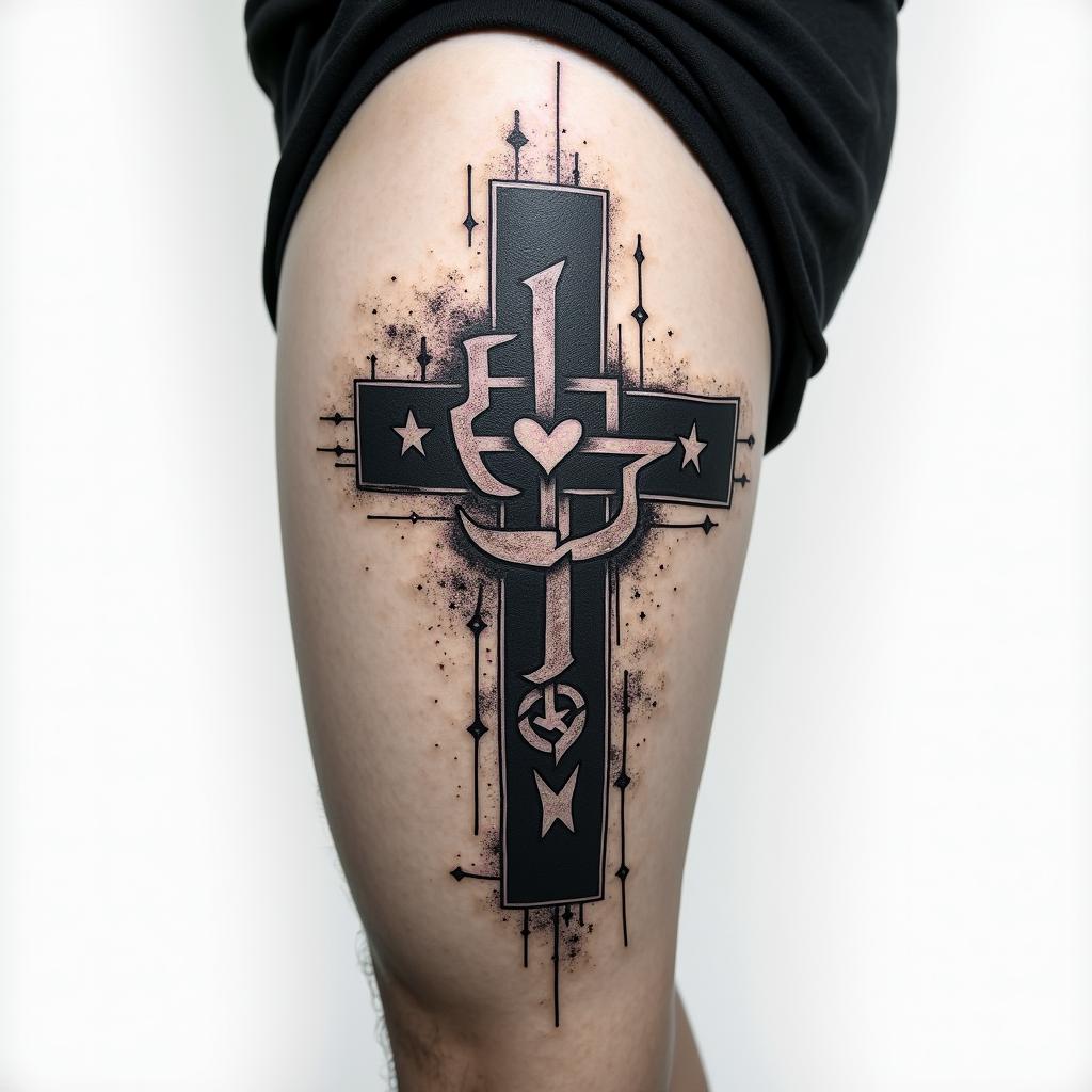 Cross tattoo on thigh for menin graffiti style tattoo, featuring bold and dynamic street art elements, spray-paint texture with exaggerated lines and expressive, chaotic brushstrokes, intricate lettering incorporated with graffiti tags, symbols like hearts, stars, and wings
