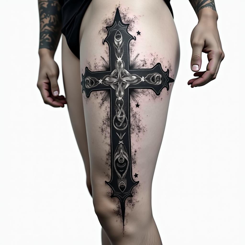 Cross tattoo on thigh for menin graffiti style tattoo, featuring bold and dynamic street art elements, spray-paint texture with exaggerated lines and expressive, chaotic brushstrokes, intricate lettering incorporated with graffiti tags, symbols like hearts, stars, and wings - Variation 4