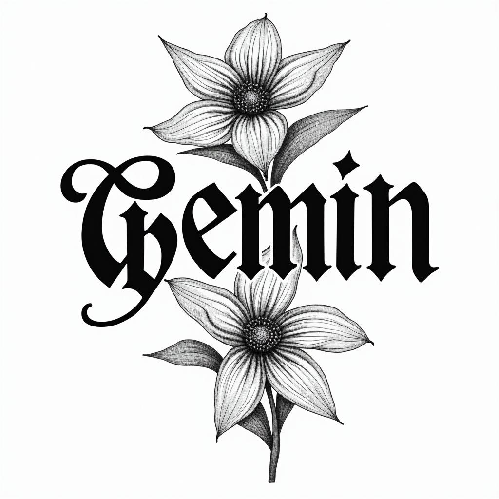 Wildflowers, Gemini, Gothictext-based tattoo, gothic font ultra-realistic, perfectly placed, high-quality font design, photo-realistic shading, 8k, high quality, finely detailed typography - Variation 1