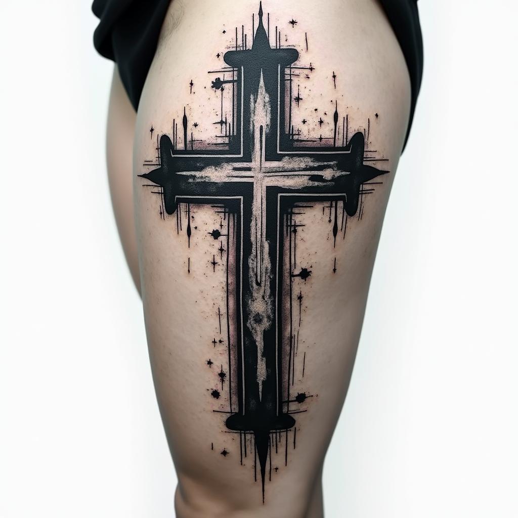 Cross tattoo on thigh for menin graffiti style tattoo, featuring bold and dynamic street art elements, spray-paint texture with exaggerated lines and expressive, chaotic brushstrokes, intricate lettering incorporated with graffiti tags, symbols like hearts, stars, and wings - Variation 3