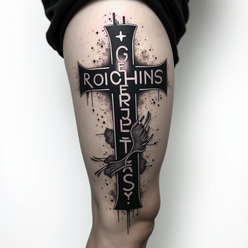 Cross tattoo on thigh for menin graffiti style tattoo, featuring bold and dynamic street art elements, spray-paint texture with exaggerated lines and expressive, chaotic brushstrokes, intricate lettering incorporated with graffiti tags, symbols like hearts, stars, and wings - Variation 2