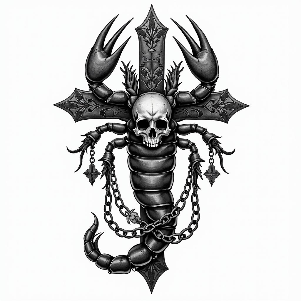 Scorpionin chicano style tattoo, featuring intricate black and grey shading, bold elements of traditional chicano culture symbols, add a big cross with skull, chains and roses