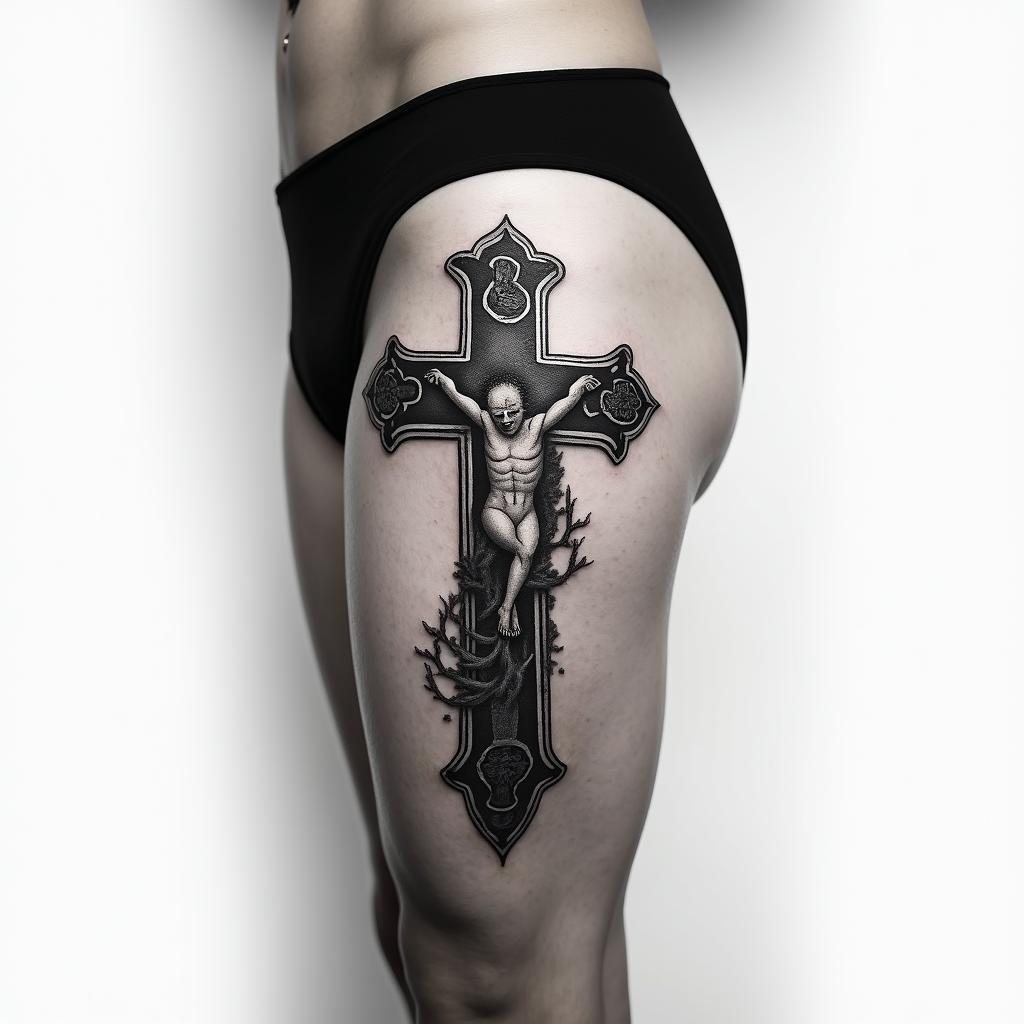 Cross tattoo on thigh for menin portrait tattoo style, featuring a highly realistic and detailed depiction 