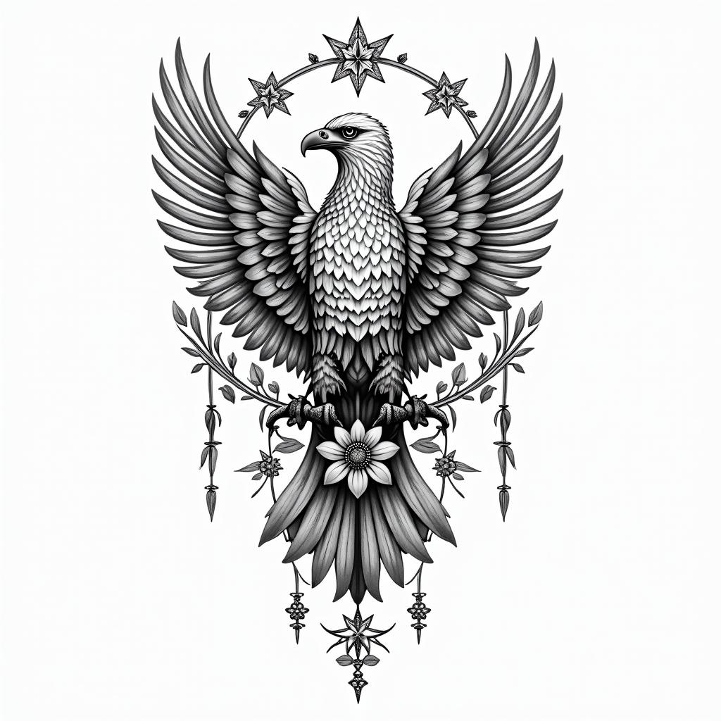 Flávio, virgin, Eaglein ornamental tattoo style, featuring intricate symmetrical patterns and floral designs, showcasing highly detailed line work and geometric shapes, creating a sense of elegance and balance - Variation 3