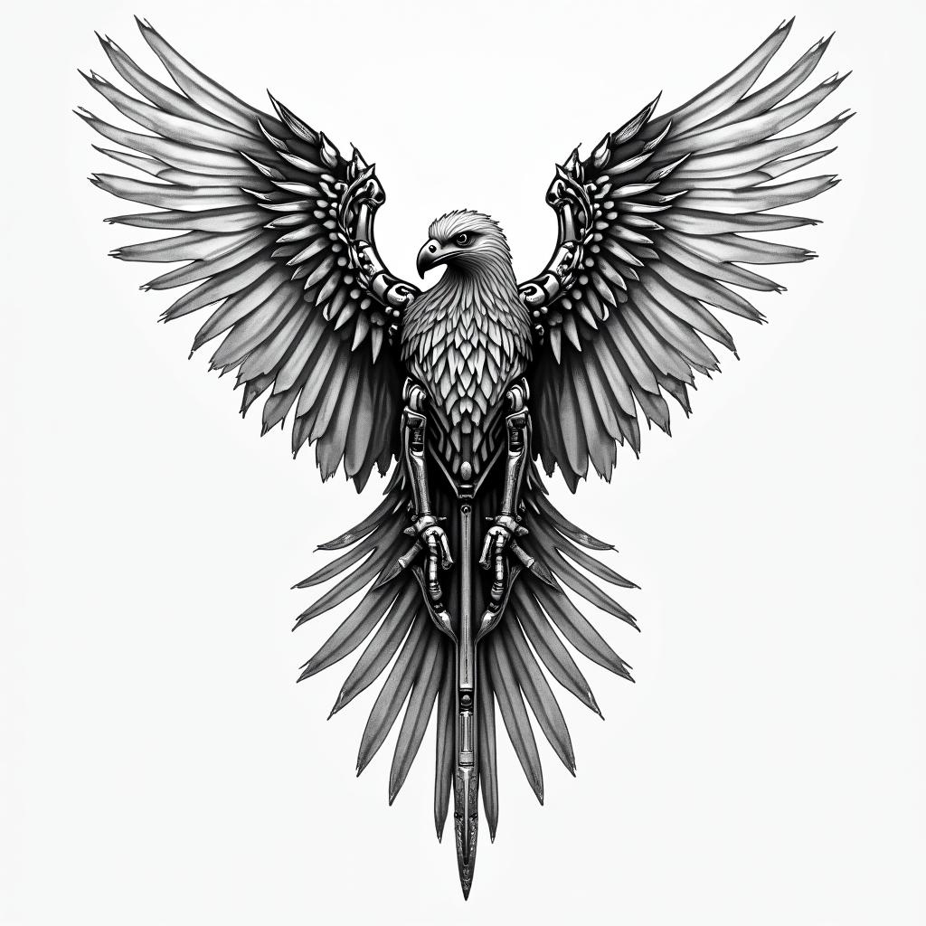 An eagletattoo in biomechanic style, the tattoo covered by robotic elements of futuristic cyberpunk design, robotic features detail, showcasing intricate mechanical components
