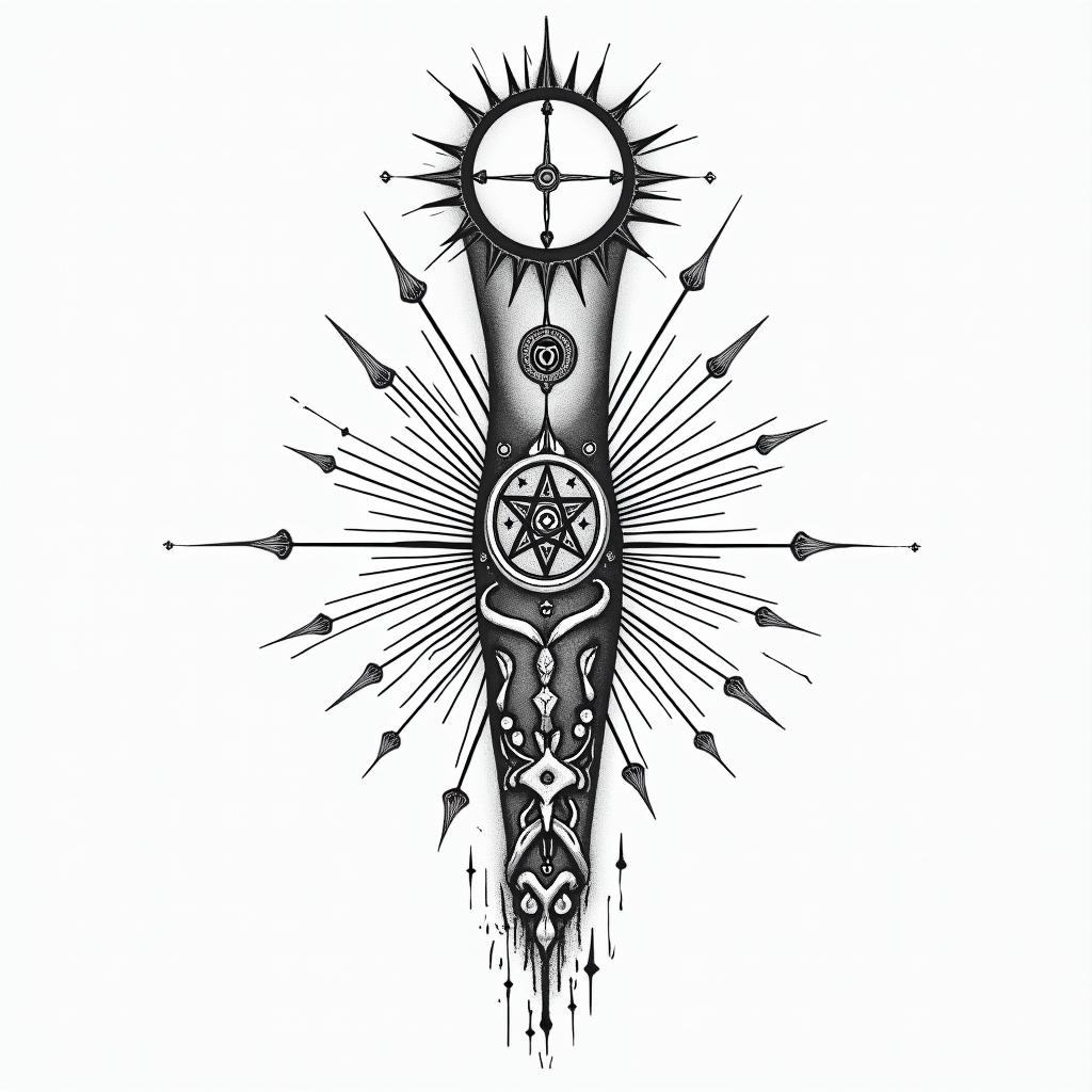 Minimalist Hecate in delicate black lines, wrapped in lines of leaves, rays, and thunder. For the arm.in paganic style tattoo, featuring ancient symbols, add vegvisir symbol, mystical figures, incorporating designs, pentagrams, runes, crescent moons, - Variation 3