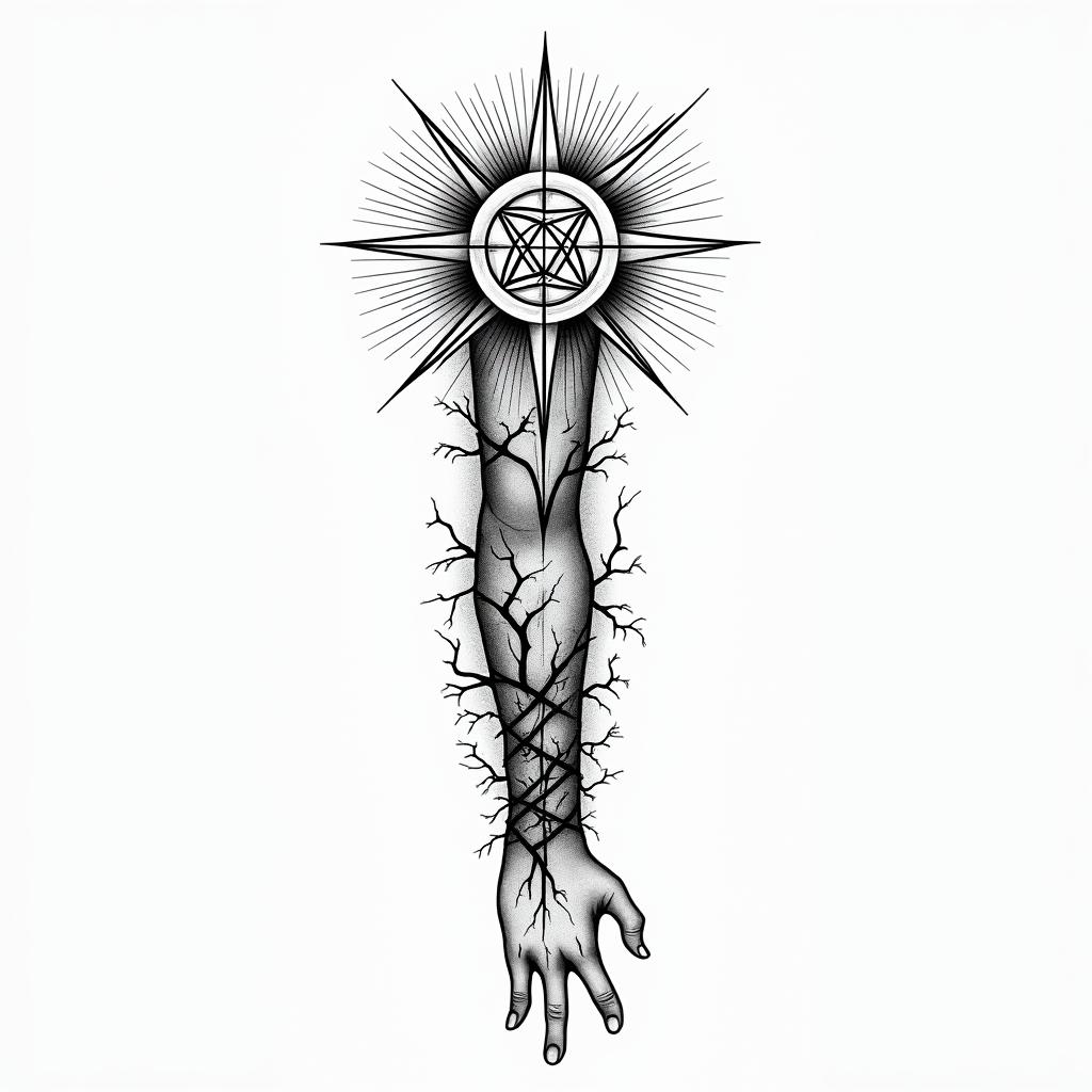 Minimalist Hecate in delicate black lines, wrapped in lines of leaves, rays, and thunder. For the arm.in paganic style tattoo, featuring ancient symbols, add vegvisir symbol, mystical figures, incorporating designs, pentagrams, runes, crescent moons,
