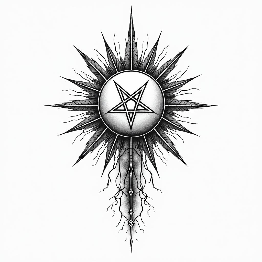 Minimalist Hecate in delicate black lines, wrapped in lines of leaves, rays, and thunder. For the arm.in paganic style tattoo, featuring ancient symbols, add vegvisir symbol, mystical figures, incorporating designs, pentagrams, runes, crescent moons, - Variation 2