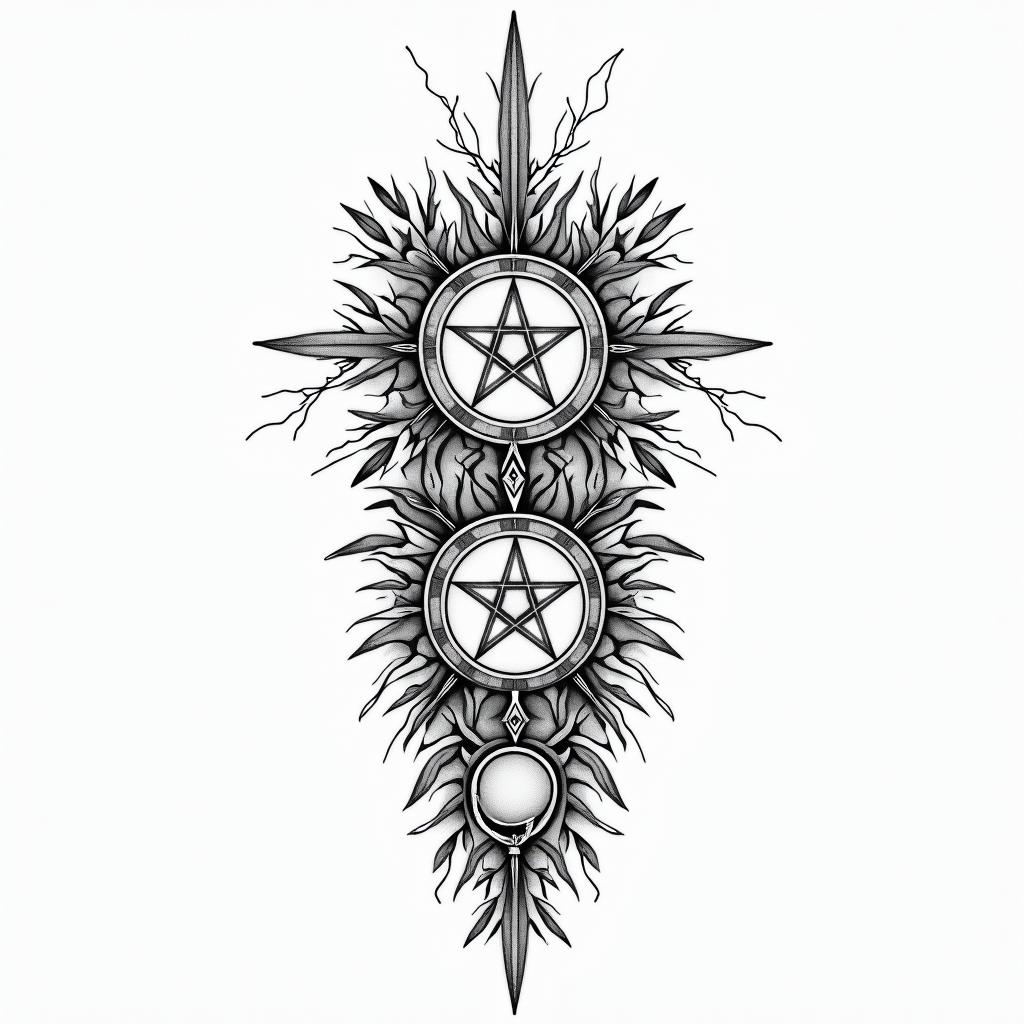 Minimalist Hecate in delicate black lines, wrapped in lines of leaves, rays, and thunder. For the arm.in paganic style tattoo, featuring ancient symbols, add vegvisir symbol, mystical figures, incorporating designs, pentagrams, runes, crescent moons, - Variation 4