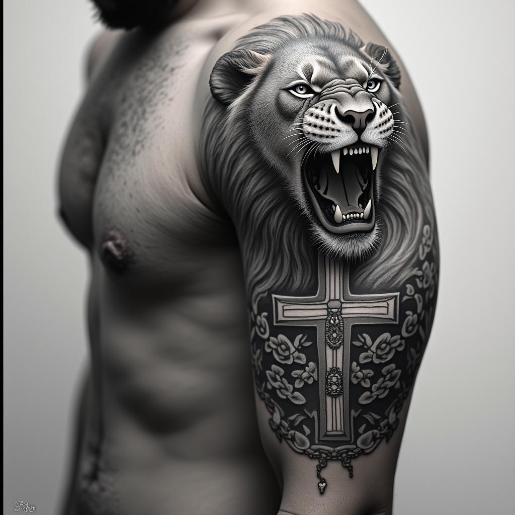 Roaring lion with a flowing manein chicano style tattoo, featuring intricate black and grey shading, bold elements of traditional chicano culture symbols, add a big cross with skull, chains and roses - Variation 2