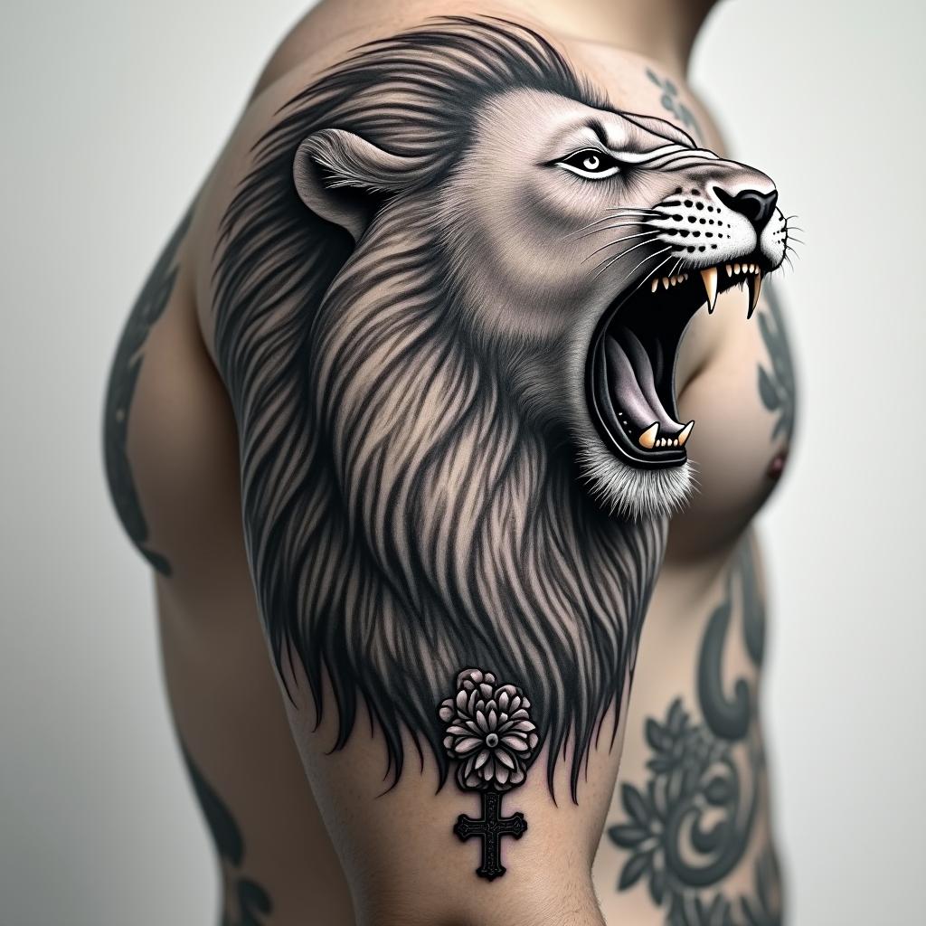 Roaring lion with a flowing manein chicano style tattoo, featuring intricate black and grey shading, bold elements of traditional chicano culture symbols, add a big cross with skull, chains and roses - Variation 1
