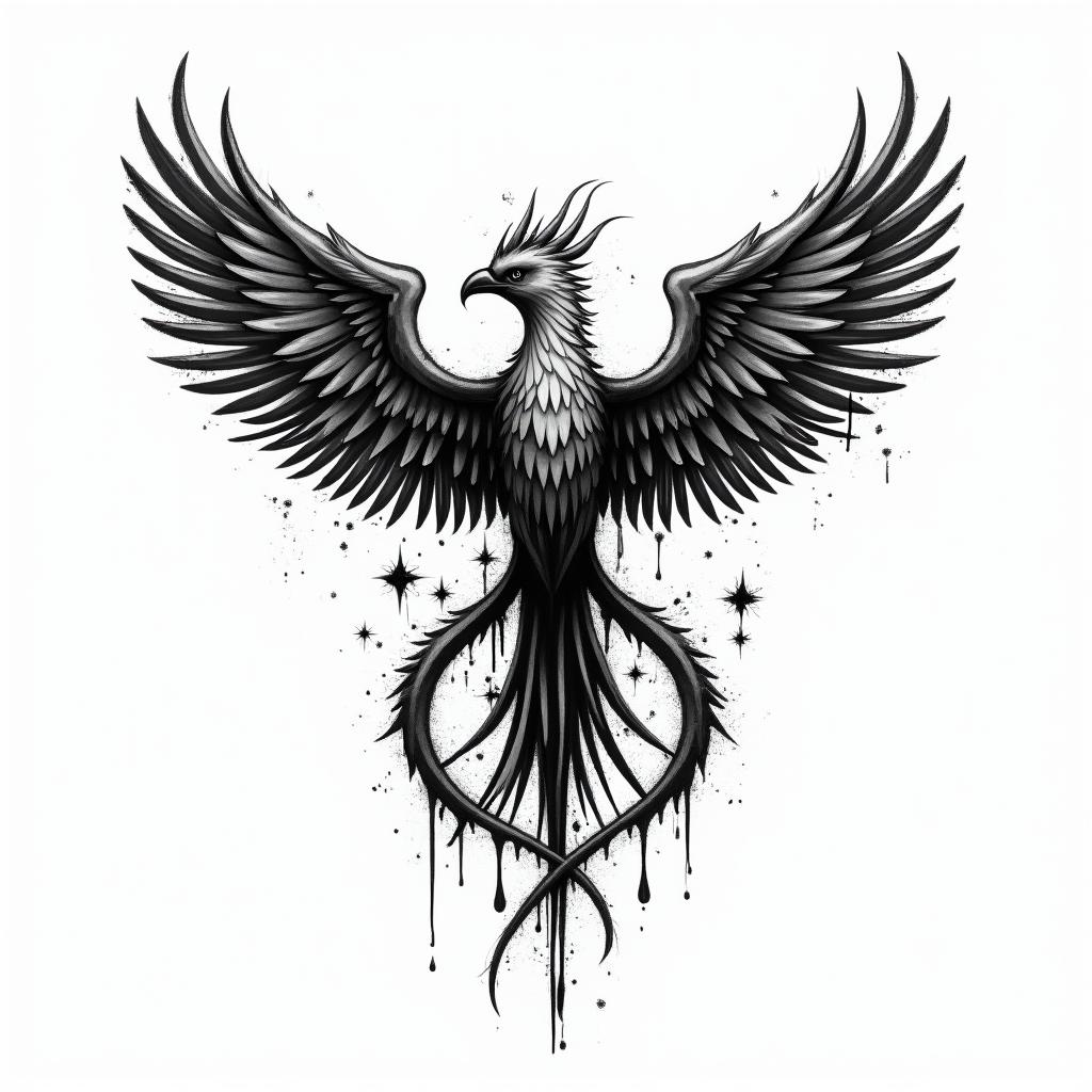 Medical symbol with phoenixin graffiti style tattoo, featuring bold and dynamic street art elements, spray-paint texture with exaggerated lines and expressive, chaotic brushstrokes, intricate lettering incorporated with graffiti tags, symbols like hearts, stars, and wings - Variation 4