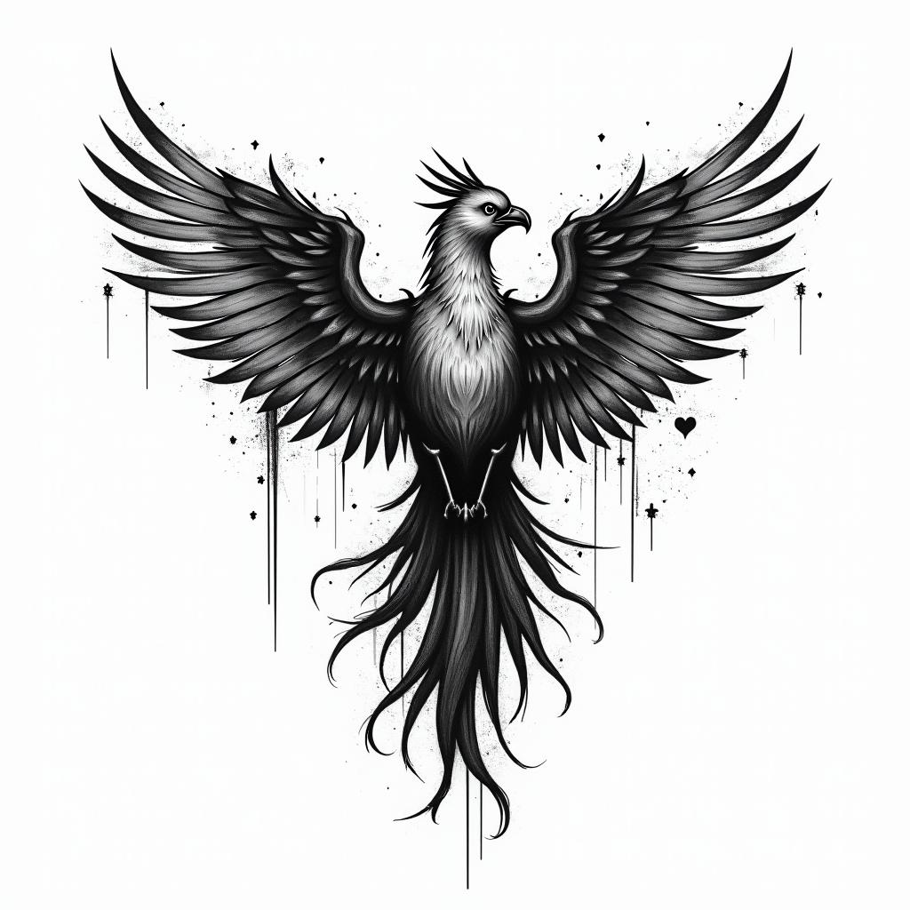 Medical symbol with phoenixin graffiti style tattoo, featuring bold and dynamic street art elements, spray-paint texture with exaggerated lines and expressive, chaotic brushstrokes, intricate lettering incorporated with graffiti tags, symbols like hearts, stars, and wings