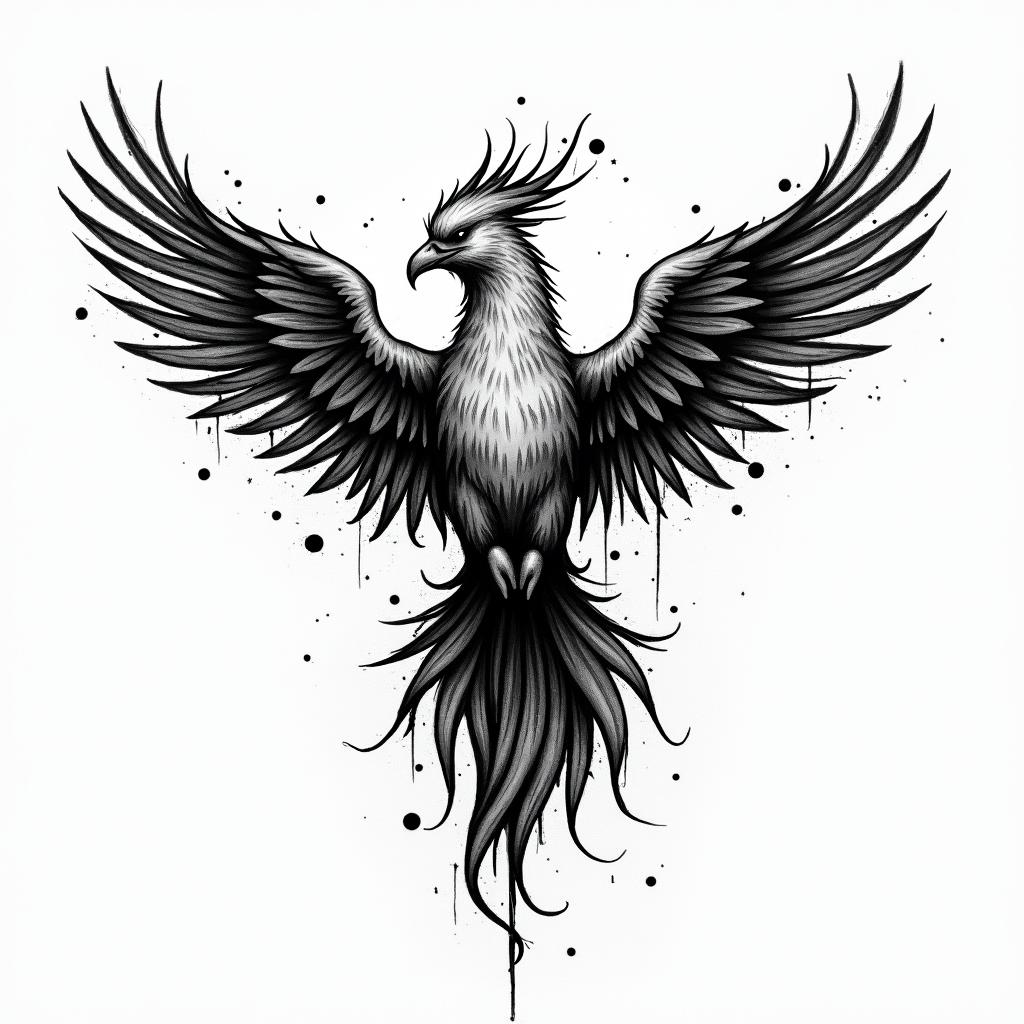 Medical symbol with phoenixin graffiti style tattoo, featuring bold and dynamic street art elements, spray-paint texture with exaggerated lines and expressive, chaotic brushstrokes, intricate lettering incorporated with graffiti tags, symbols like hearts, stars, and wings - Variation 2