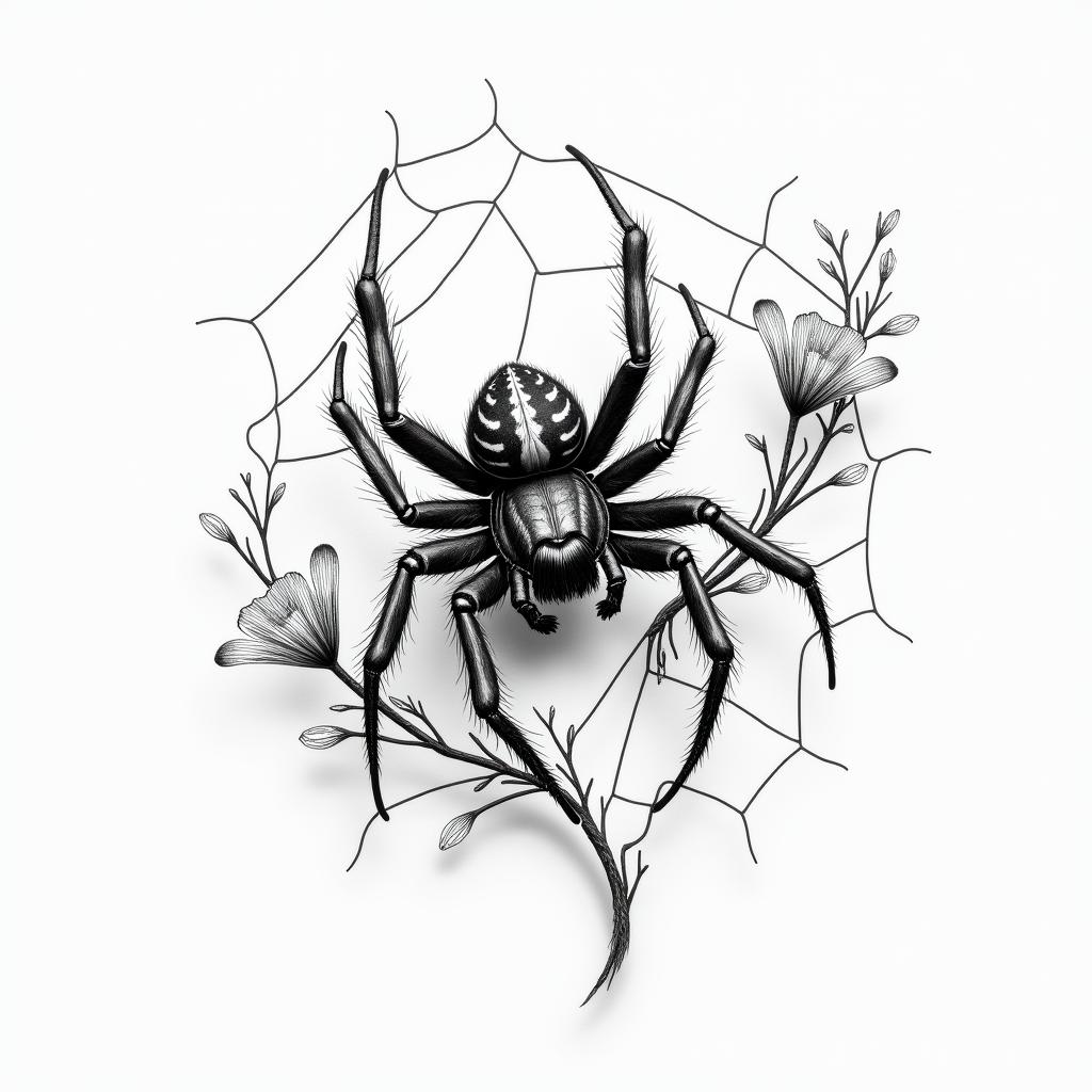 Small spider on web with flowers with stemin portrait tattoo style, featuring a highly realistic and detailed depiction  - Variation 48