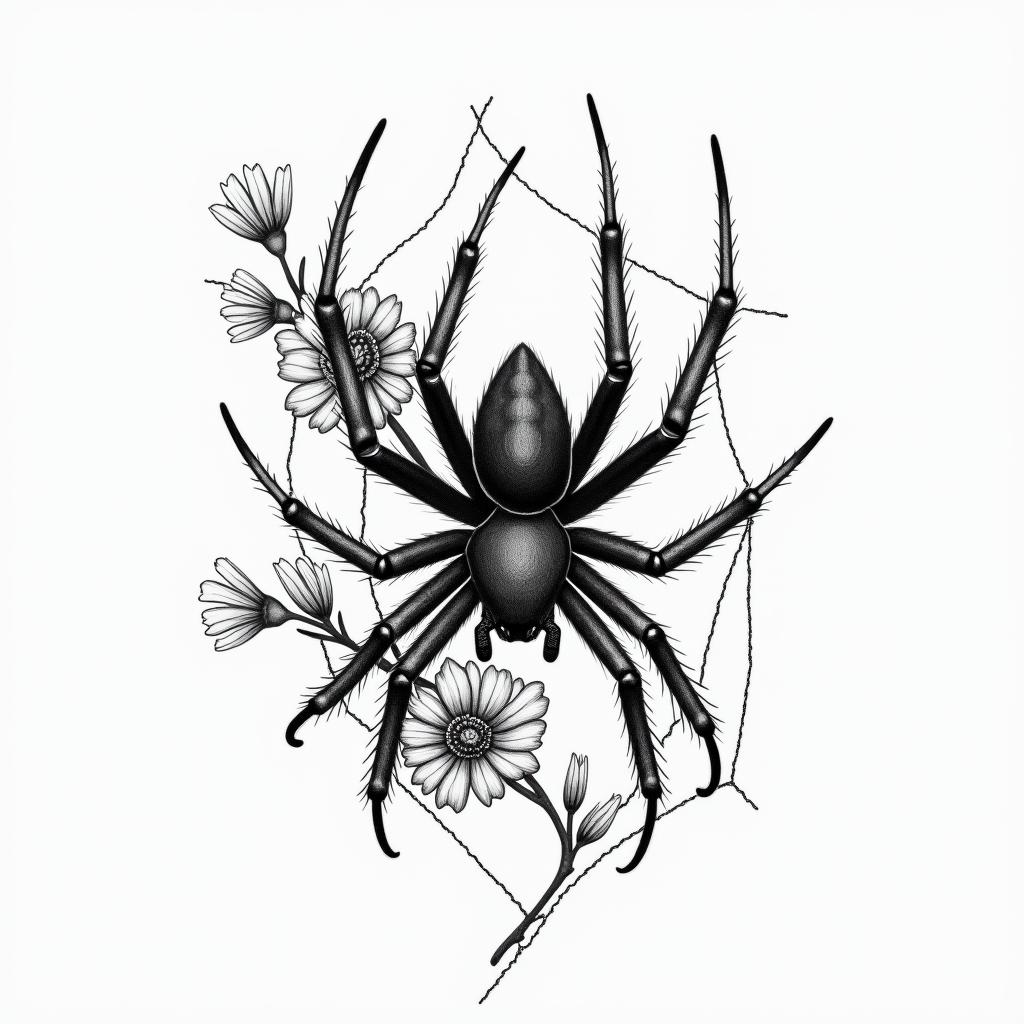 Small spider on web with flowers with stemin portrait tattoo style, featuring a highly realistic and detailed depiction  - Variation 45