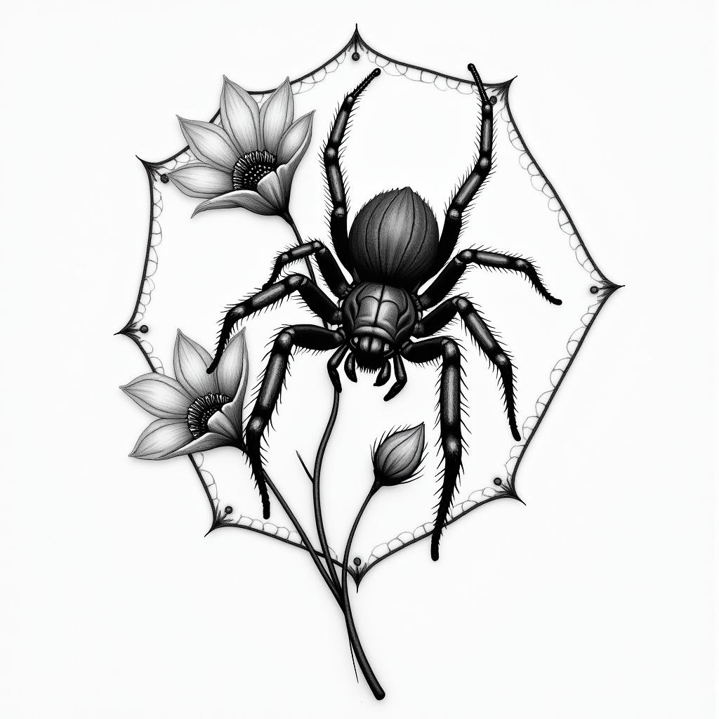 Small spider on web with flowers with stemin portrait tattoo style, featuring a highly realistic and detailed depiction  - Variation 47