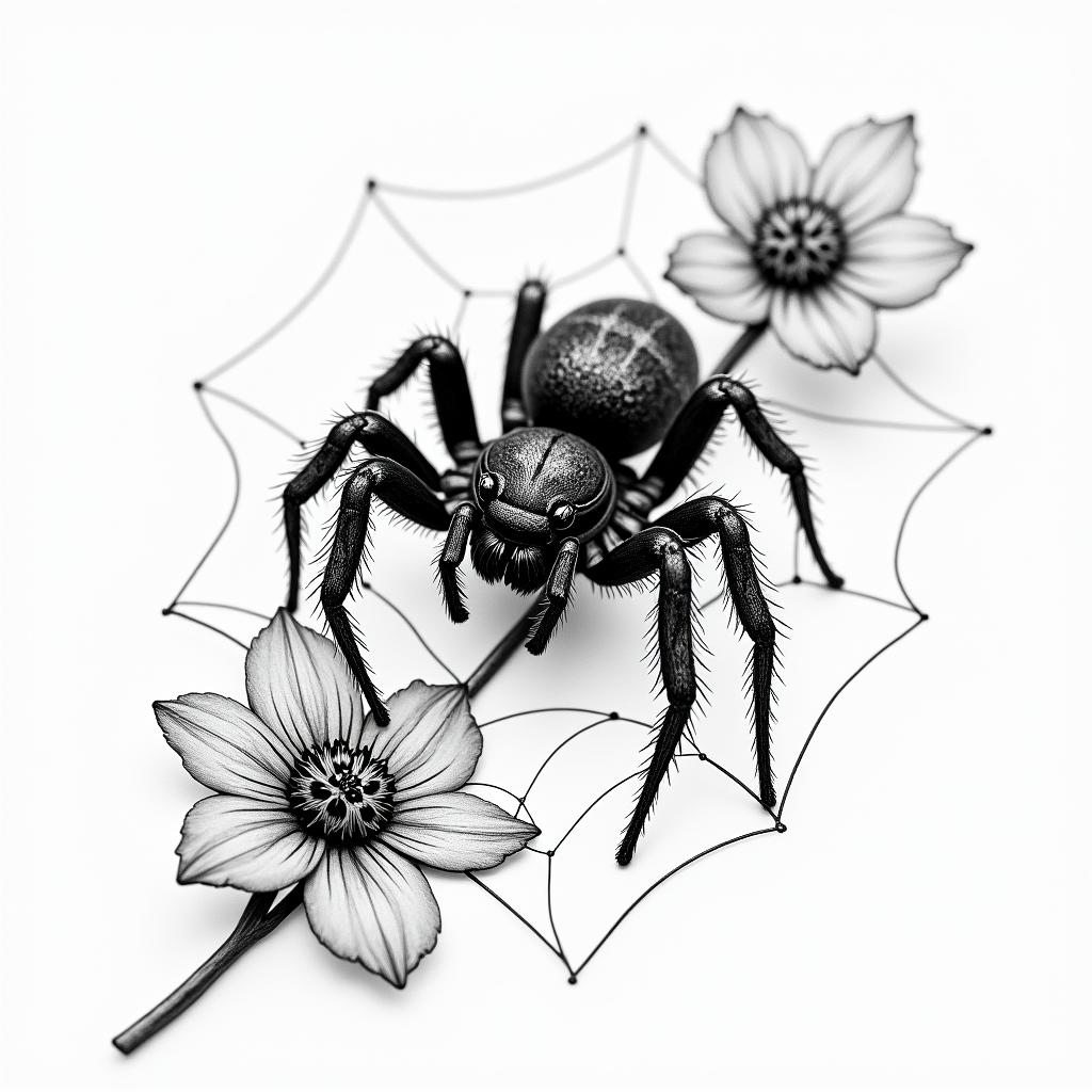 Small spider on web with flowers with stemin portrait tattoo style, featuring a highly realistic and detailed depiction  - Variation 46