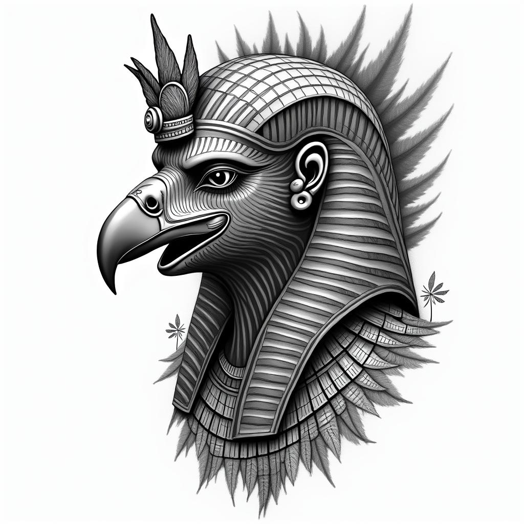 Flávio, virgin, Eaglein egyptian style tattoo, bold elements of ancient egyptian culture including a portrait of an Egyptian pharaoh with detailed facial features, in hieroglyphs and symbolic imagery, eye of horus, ankh symbol, scarab beetle - Variation 2