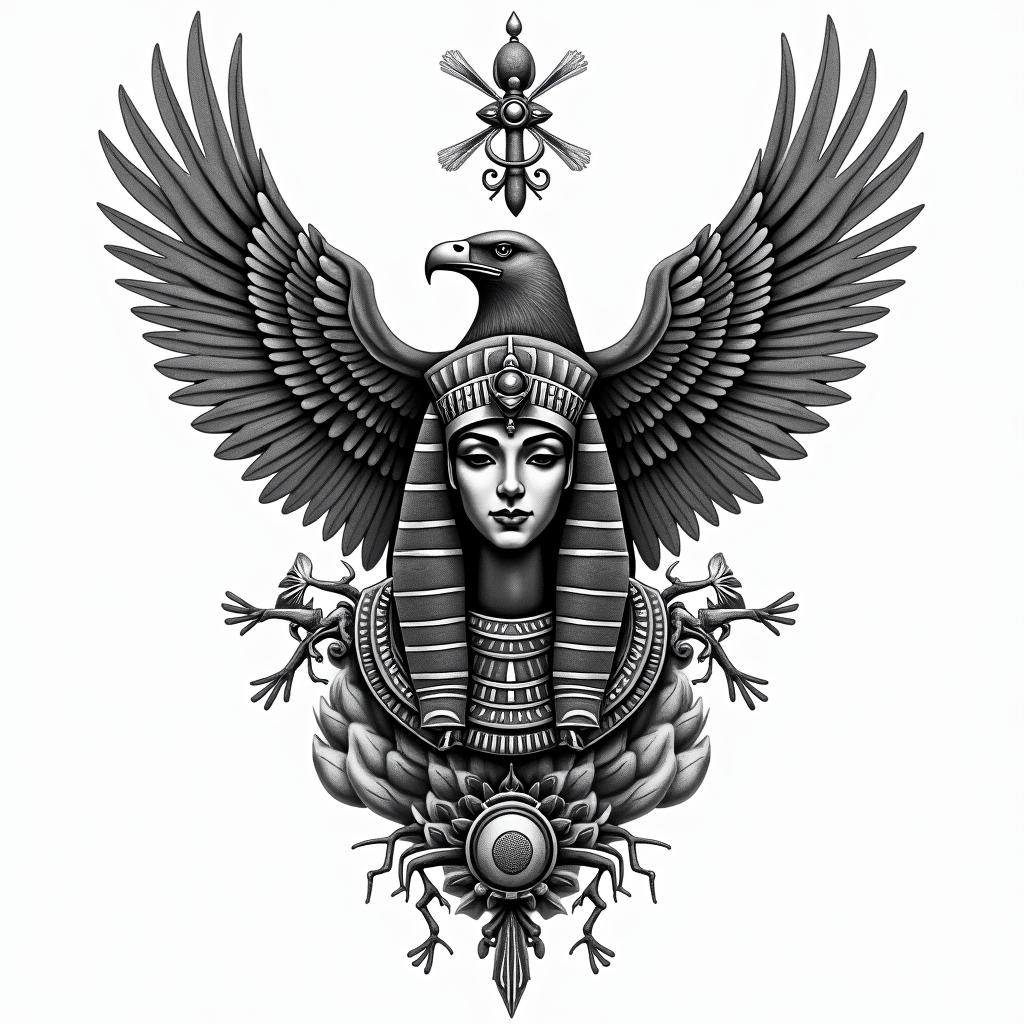 Flávio, virgin, Eaglein egyptian style tattoo, bold elements of ancient egyptian culture including a portrait of an Egyptian pharaoh with detailed facial features, in hieroglyphs and symbolic imagery, eye of horus, ankh symbol, scarab beetle - Variation 3