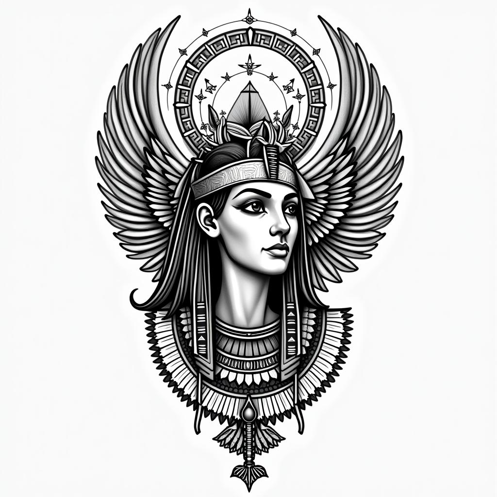 Flávio, virgin, Eaglein egyptian style tattoo, bold elements of ancient egyptian culture including a portrait of an Egyptian pharaoh with detailed facial features, in hieroglyphs and symbolic imagery, eye of horus, ankh symbol, scarab beetle - Variation 4