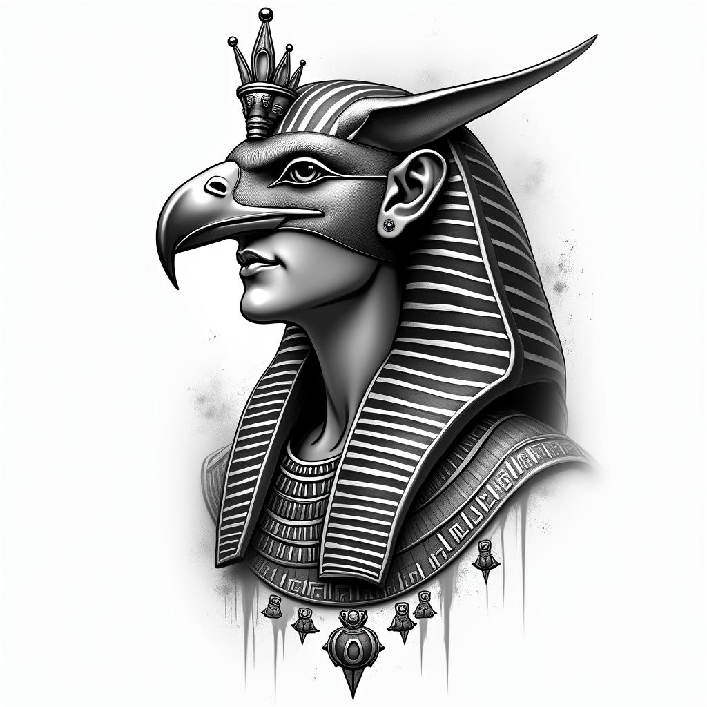 Flávio, virgin, Eaglein egyptian style tattoo, bold elements of ancient egyptian culture including a portrait of an Egyptian pharaoh with detailed facial features, in hieroglyphs and symbolic imagery, eye of horus, ankh symbol, scarab beetle