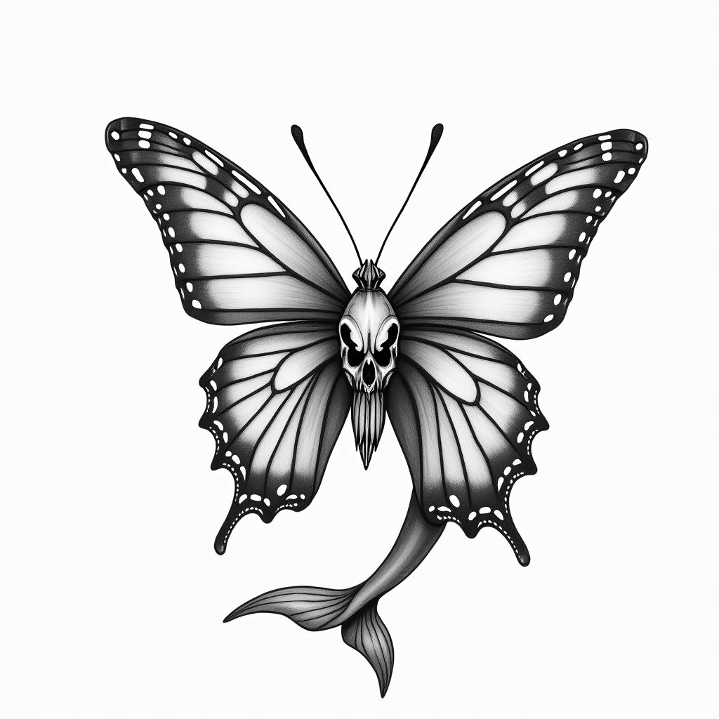 Butterfly skull dolphinhigly detailed tattoo - Variation 4