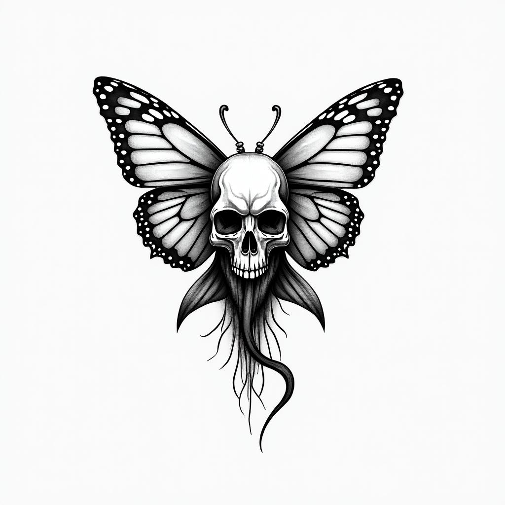 Butterfly skull dolphinhigly detailed tattoo - Variation 3