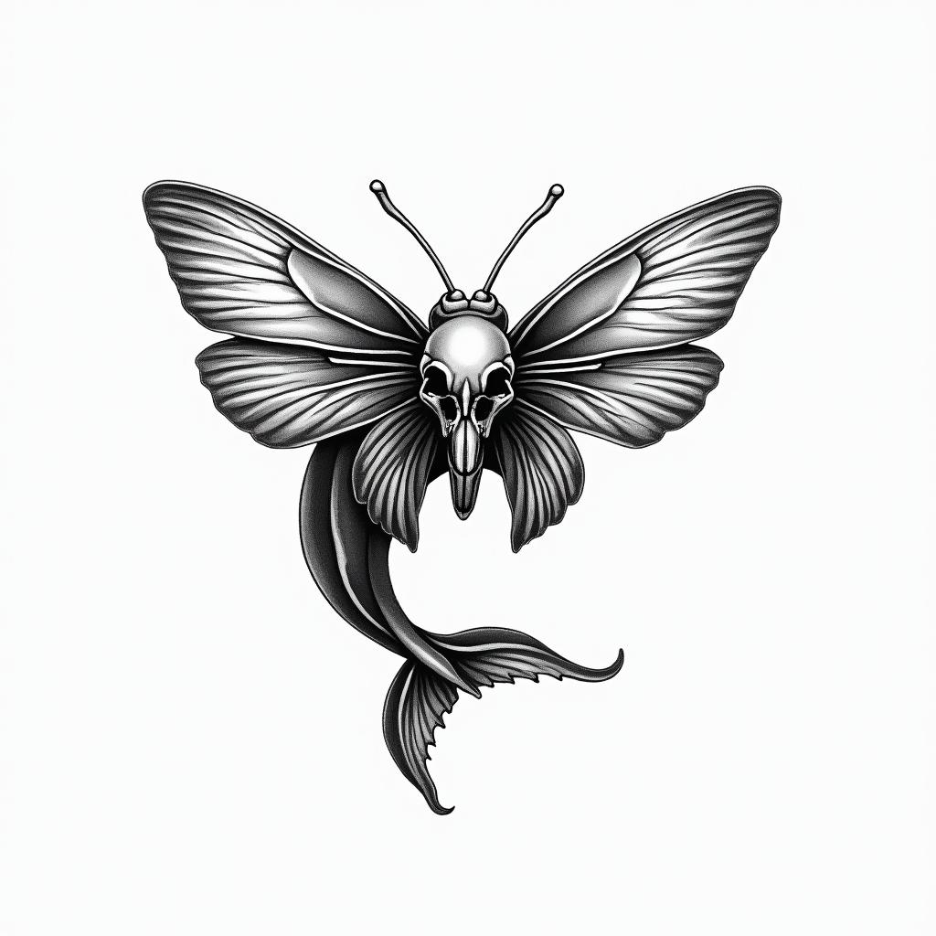 Butterfly skull dolphinhigly detailed tattoo - Variation 2