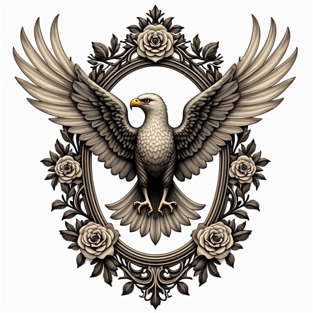 Flávio, virgin, Eaglein victorian style tattoo, featuring vintage and elegant elements, ornate frames, roses, antique, sepia-toned color scheme - Variation 4