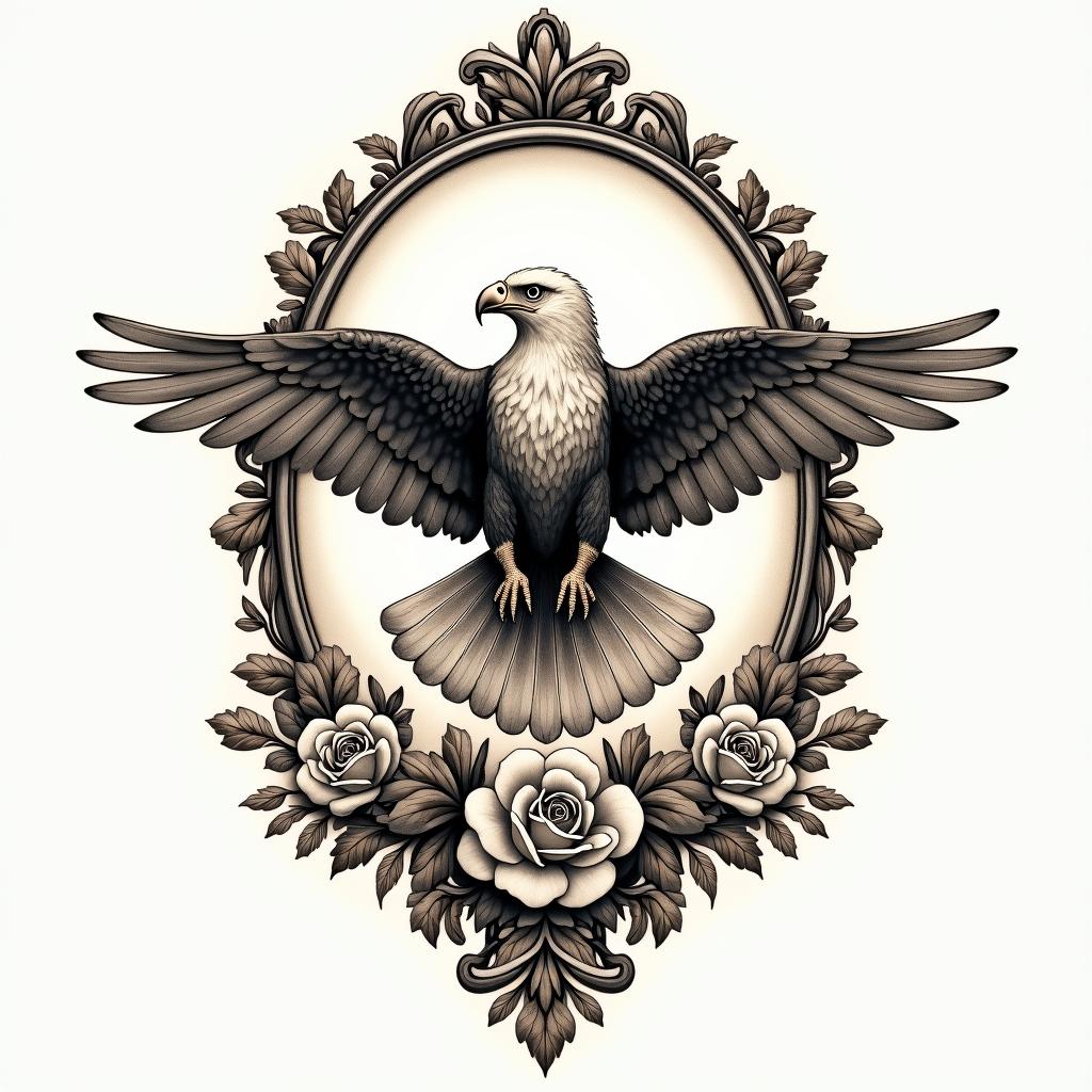 Flávio, virgin, Eaglein victorian style tattoo, featuring vintage and elegant elements, ornate frames, roses, antique, sepia-toned color scheme - Variation 1