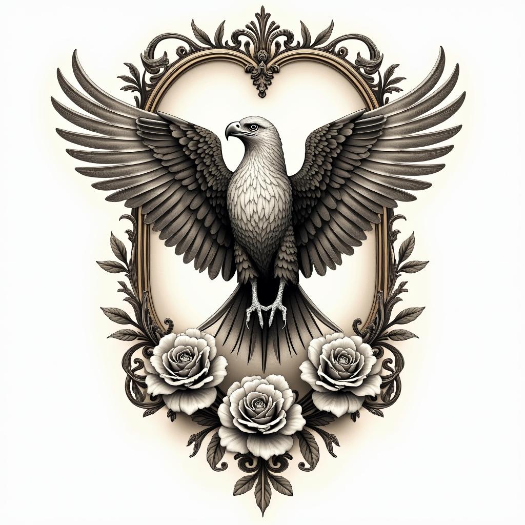 Flávio, virgin, Eaglein victorian style tattoo, featuring vintage and elegant elements, ornate frames, roses, antique, sepia-toned color scheme - Variation 2