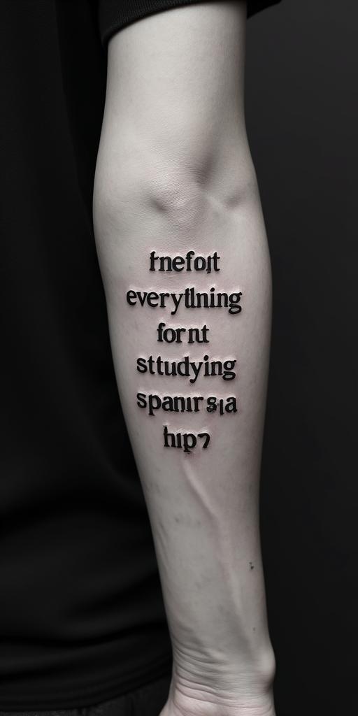 Everything for not studying in Spanishtext-based tattoo, gothic font ultra-realistic, perfectly placed, high-quality font design, photo-realistic shading, 8k, high quality, finely detailed typography