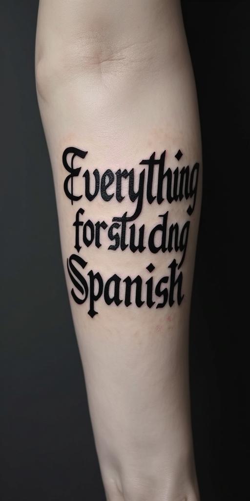 Everything for not studying in Spanishtext-based tattoo, gothic font ultra-realistic, perfectly placed, high-quality font design, photo-realistic shading, 8k, high quality, finely detailed typography - Variation 2