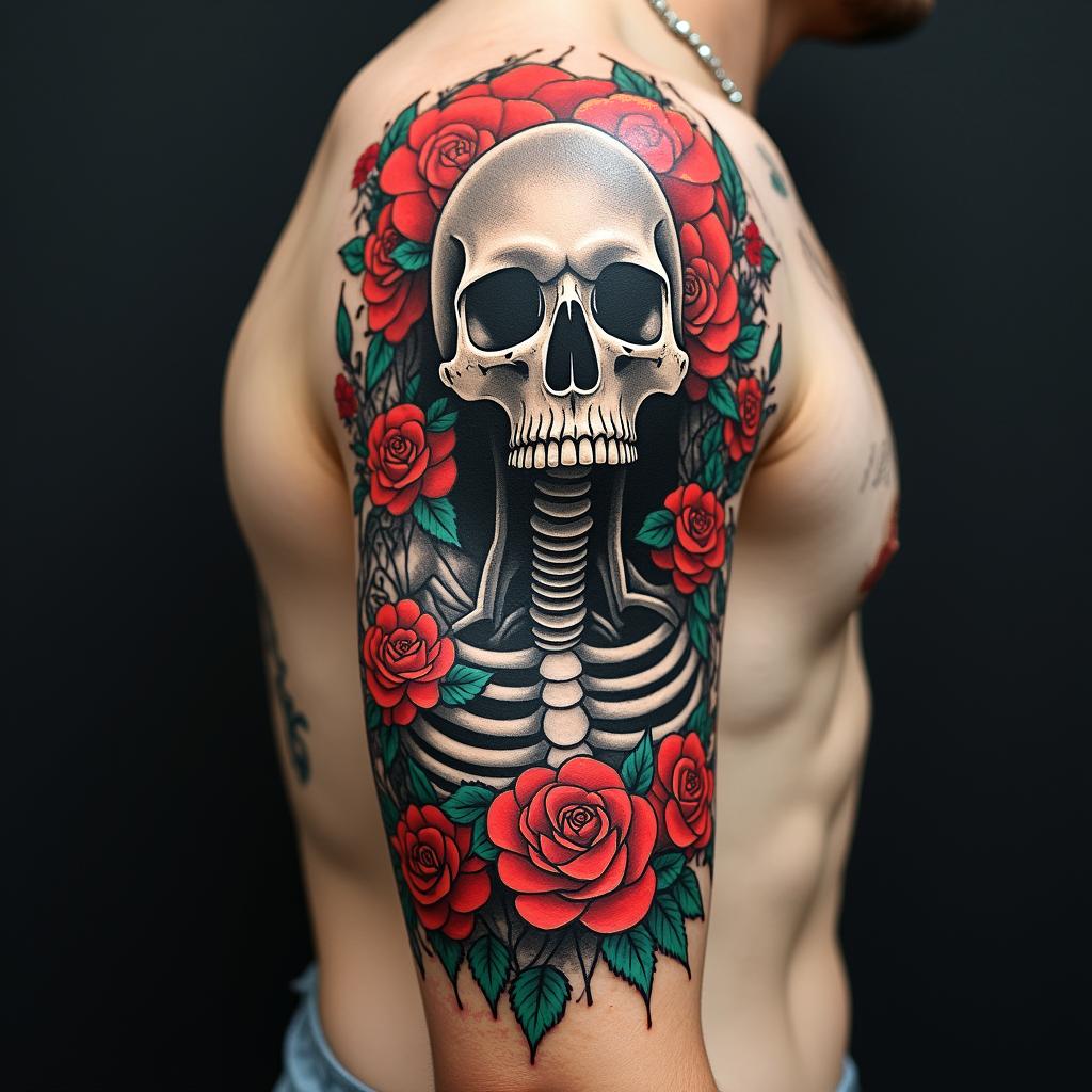 Death comes for us allin pop art style tattoo, featuring bold and vibrant colors, exaggerated outlines, iconic imagery, inspired by comic books and speech bubbles, comic book characters, retro pop culture - Variation 1