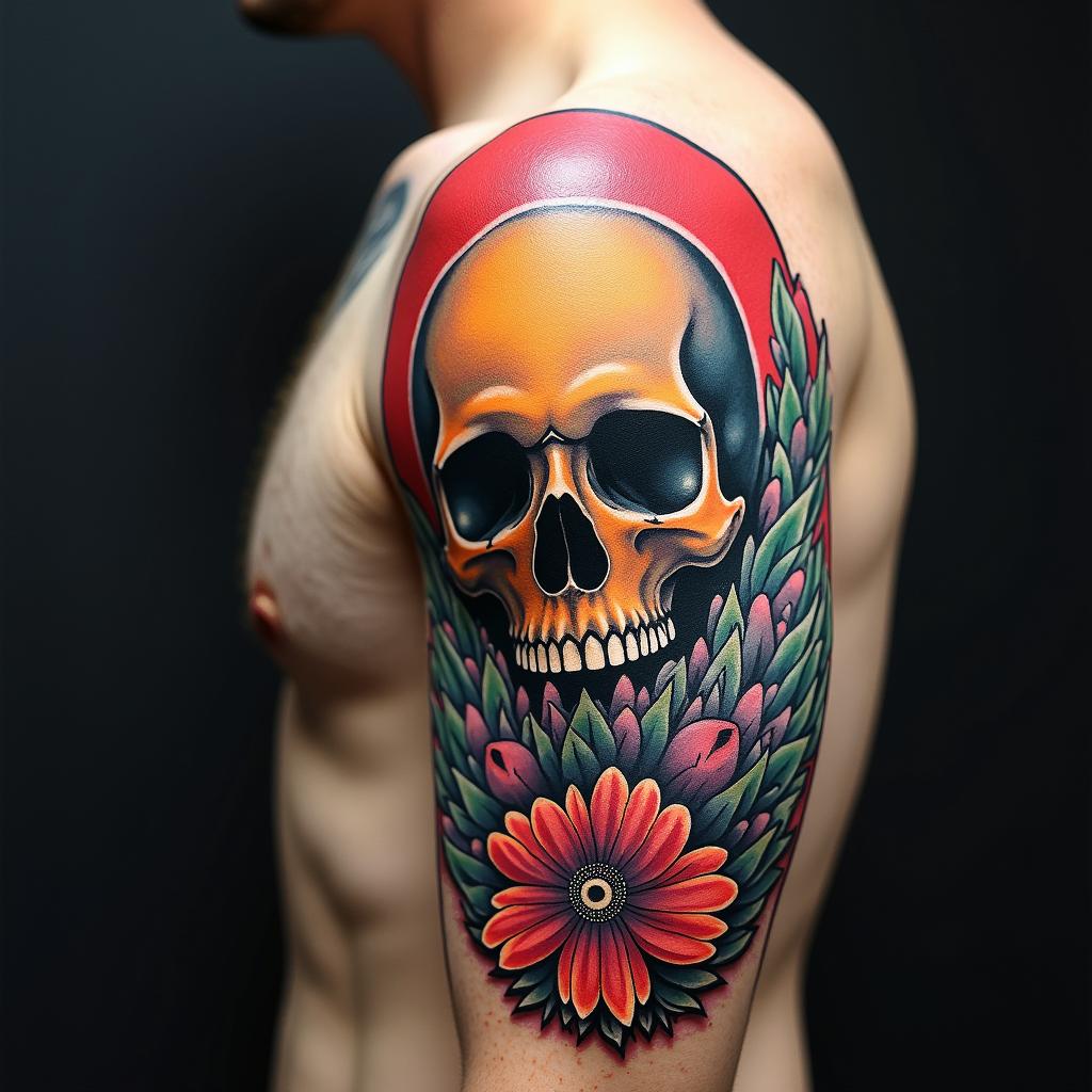 Death comes for us allin pop art style tattoo, featuring bold and vibrant colors, exaggerated outlines, iconic imagery, inspired by comic books and speech bubbles, comic book characters, retro pop culture - Variation 2