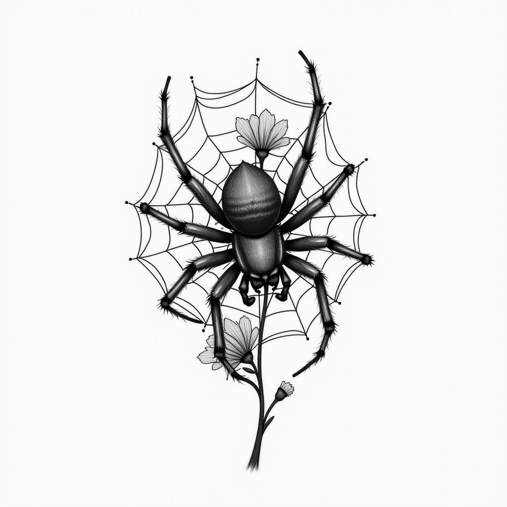 Small spider on web with flowers with stemin portrait tattoo style, featuring a highly realistic and detailed depiction  - Variation 42