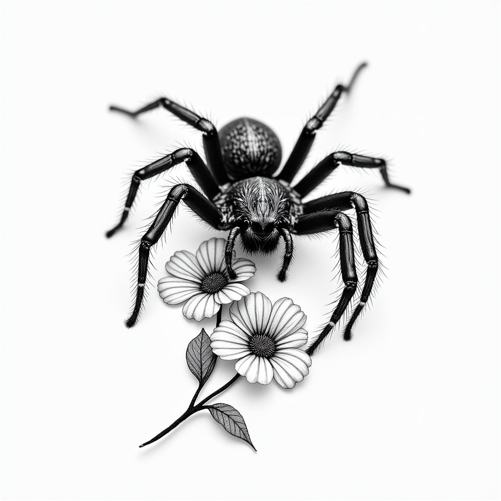 Small spider on web with flowers with stemin portrait tattoo style, featuring a highly realistic and detailed depiction  - Variation 41