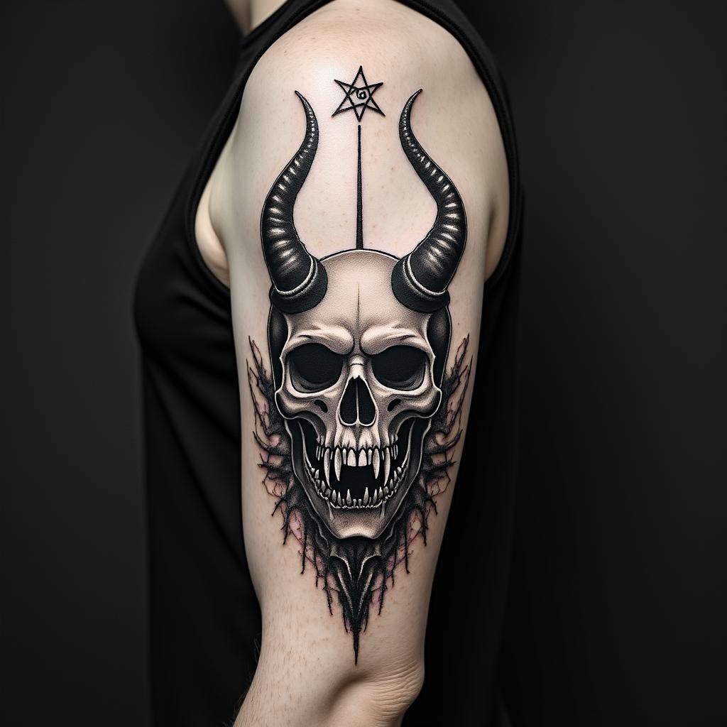 Death comes for us allcreepy horror tattoo style, featuring an eerie and unsettling skull of a demonic creature, distorted face with sharp fangs, add pentagram symbol - Variation 3