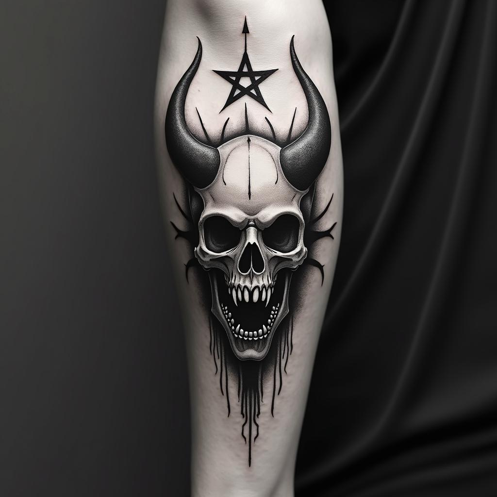 Death comes for us allcreepy horror tattoo style, featuring an eerie and unsettling skull of a demonic creature, distorted face with sharp fangs, add pentagram symbol - Variation 1