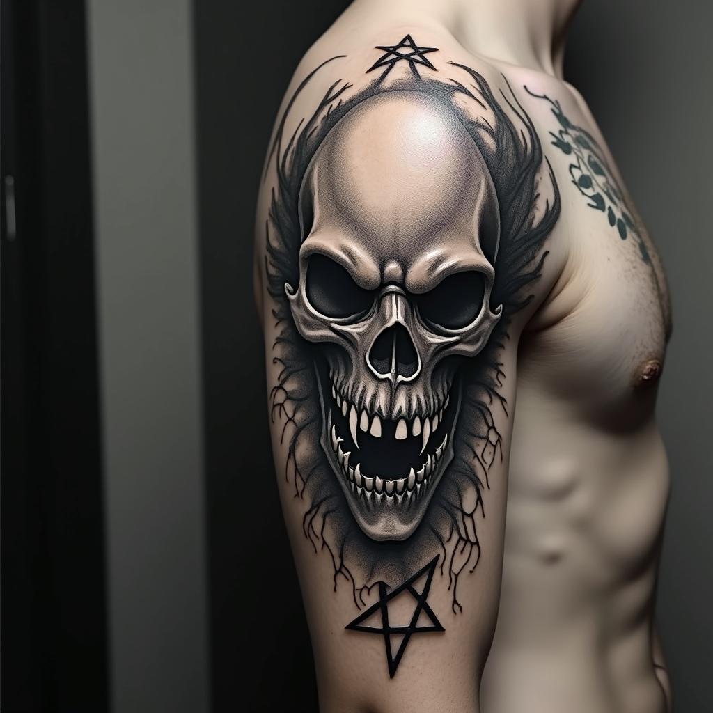 Death comes for us allcreepy horror tattoo style, featuring an eerie and unsettling skull of a demonic creature, distorted face with sharp fangs, add pentagram symbol - Variation 4
