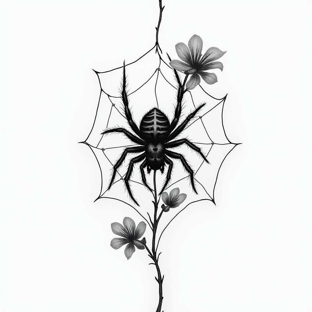 Small spider on web with flowers with stemin portrait tattoo style, featuring a highly realistic and detailed depiction  - Variation 37