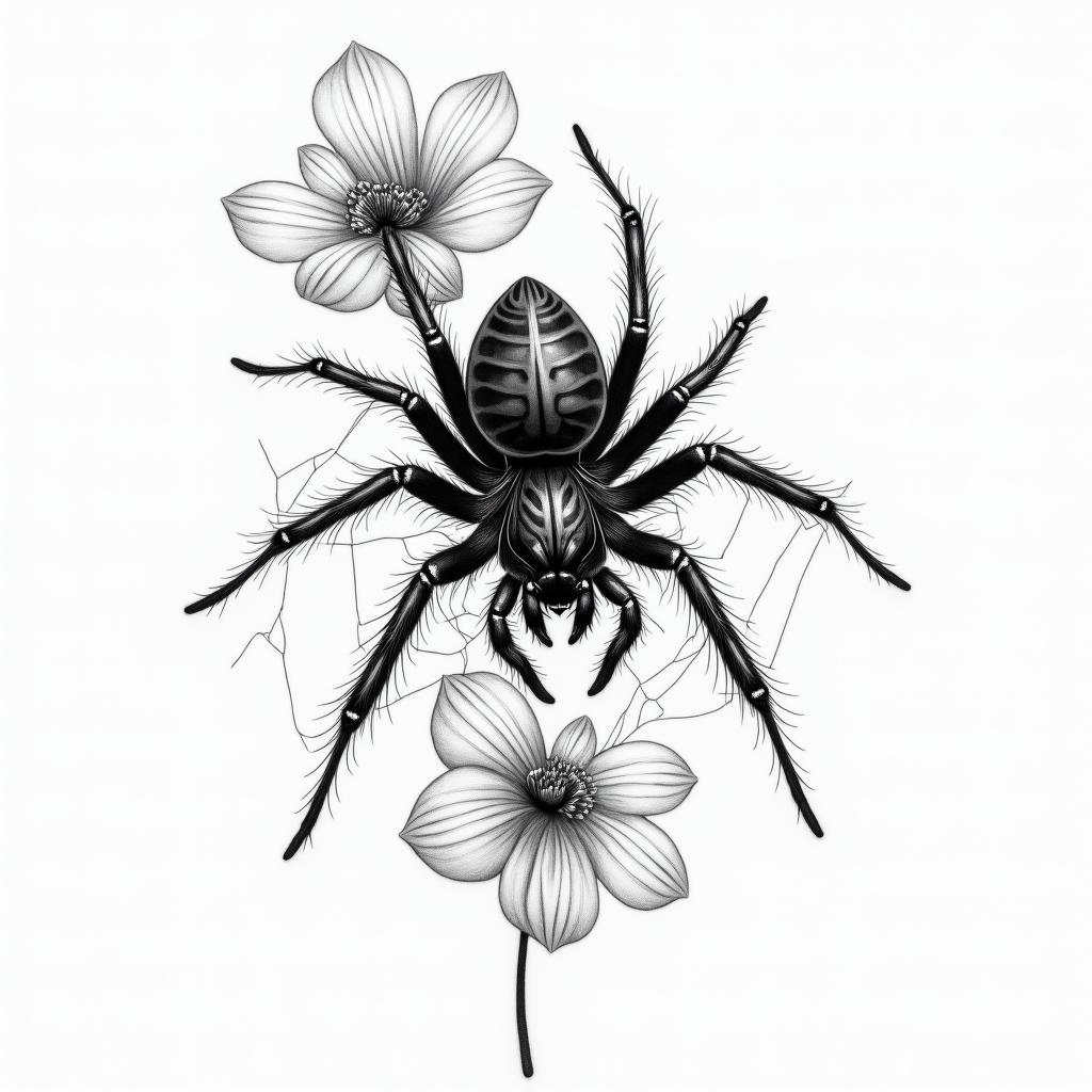 Small spider on web with flowers with stemin portrait tattoo style, featuring a highly realistic and detailed depiction  - Variation 40