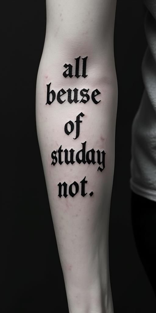 All Because of Not Studyingtext-based tattoo, gothic font ultra-realistic, perfectly placed, high-quality font design, photo-realistic shading, 8k, high quality, finely detailed typography - Variation 7