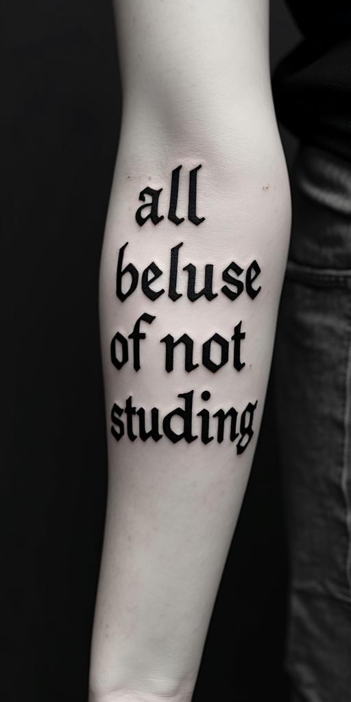 All Because of Not Studyingtext-based tattoo, gothic font ultra-realistic, perfectly placed, high-quality font design, photo-realistic shading, 8k, high quality, finely detailed typography - Variation 6