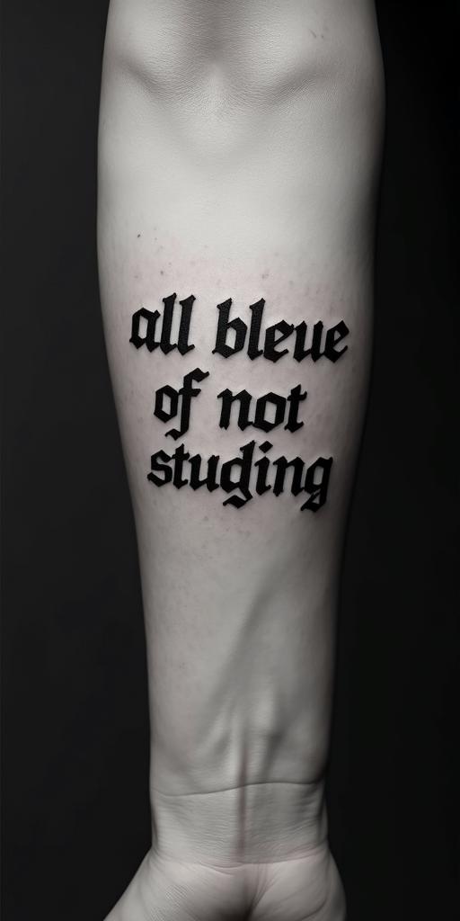 All Because of Not Studyingtext-based tattoo, gothic font ultra-realistic, perfectly placed, high-quality font design, photo-realistic shading, 8k, high quality, finely detailed typography - Variation 8