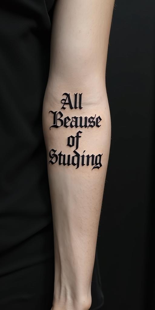 All Because of Not Studyingtext-based tattoo, gothic font ultra-realistic, perfectly placed, high-quality font design, photo-realistic shading, 8k, high quality, finely detailed typography - Variation 5
