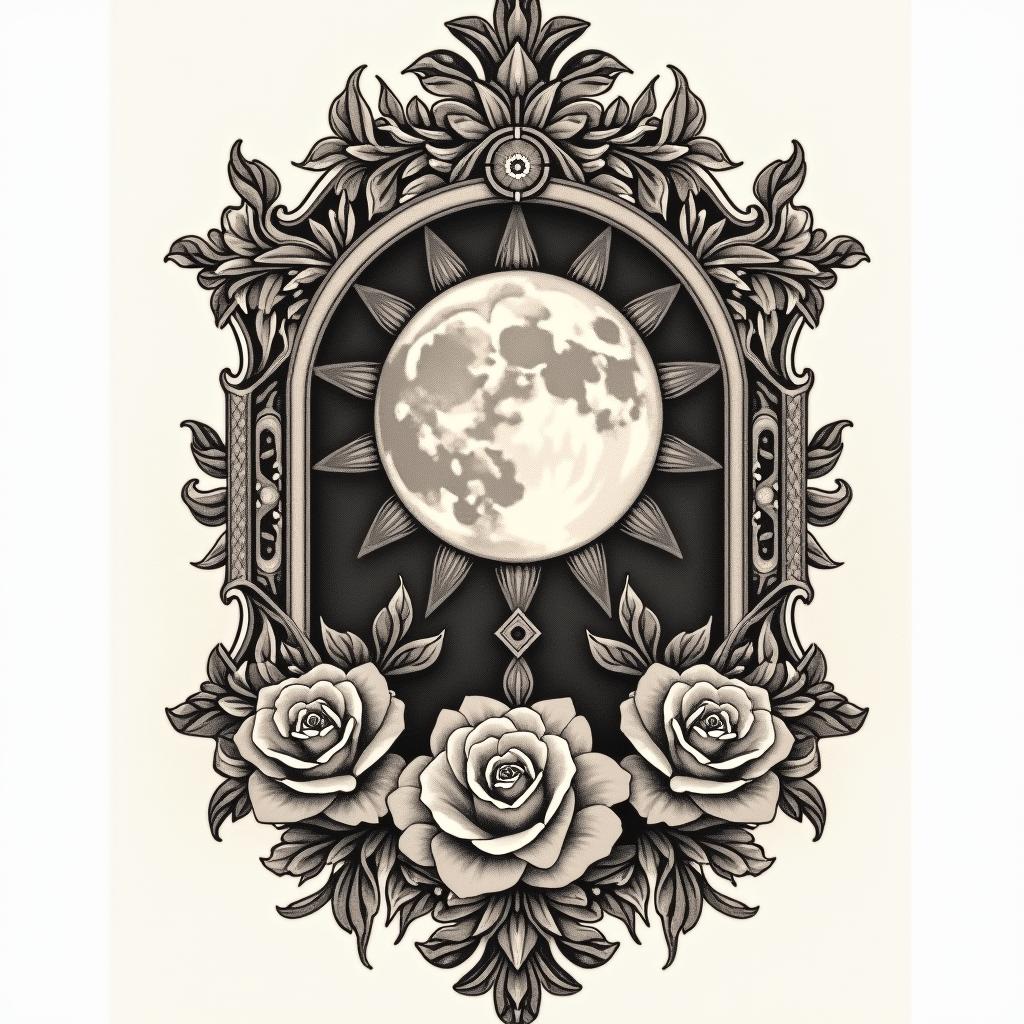 The sun, the moon, and the truth, Ismarly, Librain victorian style tattoo, featuring vintage and elegant elements, ornate frames, roses, antique, sepia-toned color scheme - Variation 2