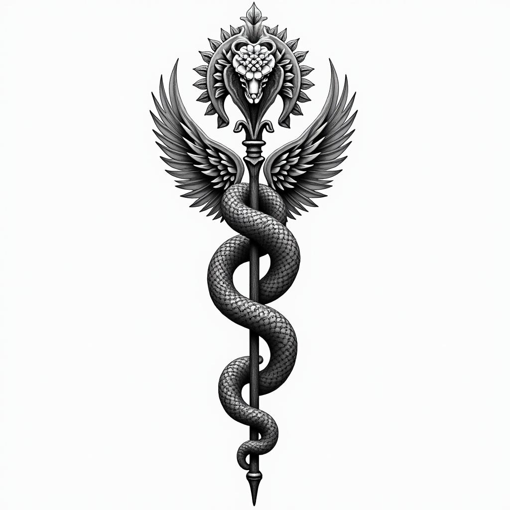 Symbol of medicine with the 2 intertwined snakes around the staff with 2 wings on the front of the shin below the kneecap.in ornamental tattoo style, featuring intricate symmetrical patterns and floral designs, showcasing highly detailed line work and geometric shapes, creating a sense of elegance and balance - Variation 2